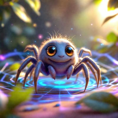 The primary subject of the image is a small, cute, and smiling spider. The setting is a forest, with the spider sitting on a leaf. The visual style is digital art, as the spider is depicted with a blue background and a green leaf. The colors and mood of the image are cheerful and light-hearted, as the spider appears to be happy and content in its forest environment.